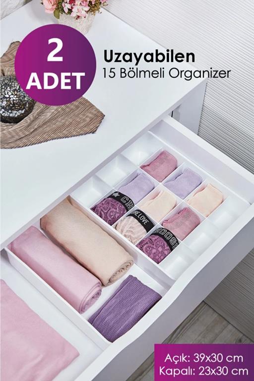 2 Adet Uzayabilen 15 Bölmeli Çekmece Içi Düzenleyici Kravat Çorap Takı Organizeri Beyaz -2
